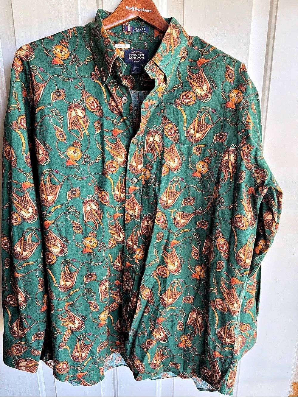 Vintage Kenneth Gordon Equestrian Horse Tack Print Shirt Men’s XL Made USA